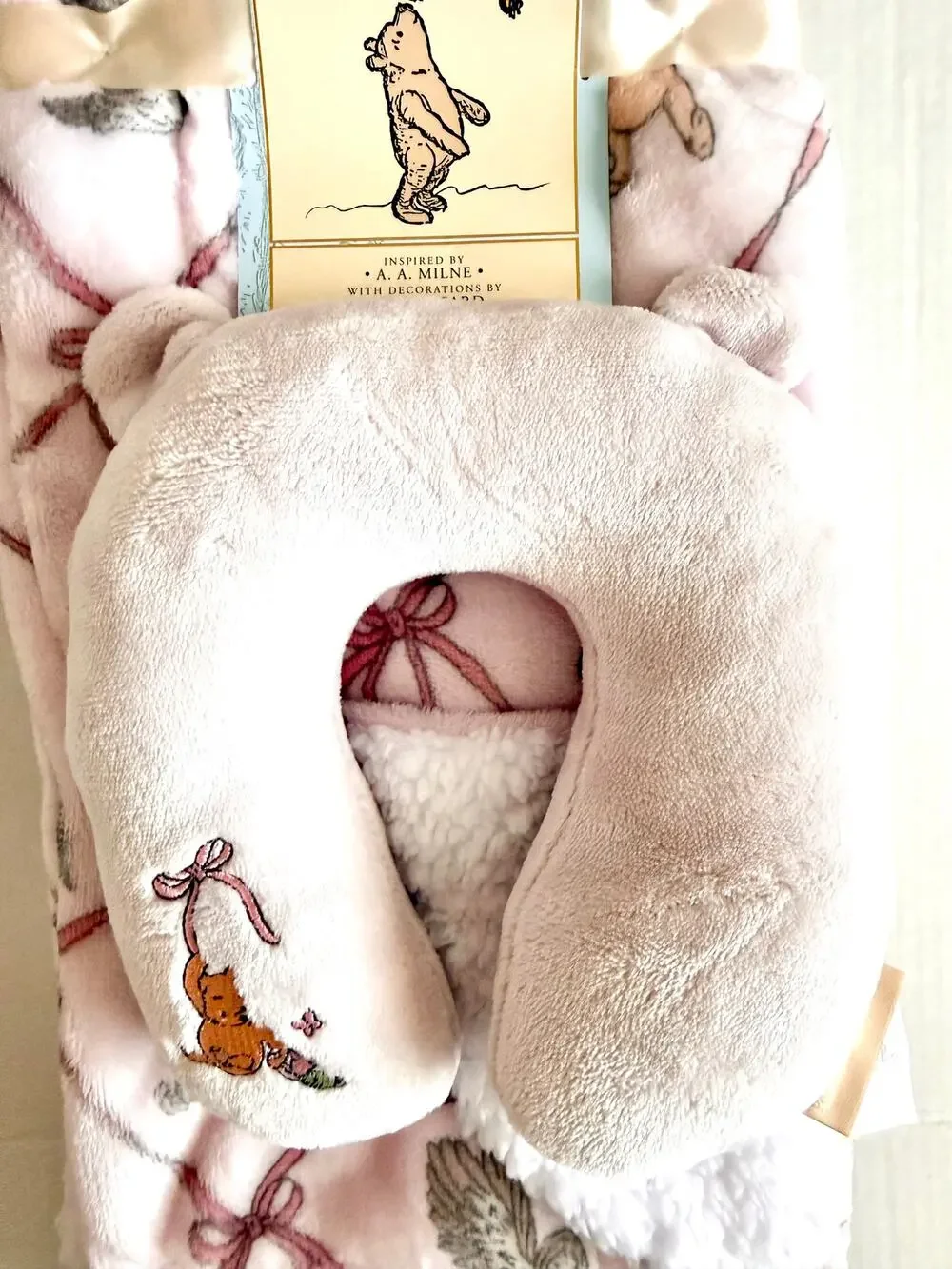 Pooh Bear Collection Winnie The Pooh Pink Ribbon Baby Blanket Neck Pillow Set